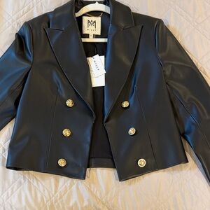 Milly Black Faux Leather Double-Breasted Cropped Blazer with Gold Buttons